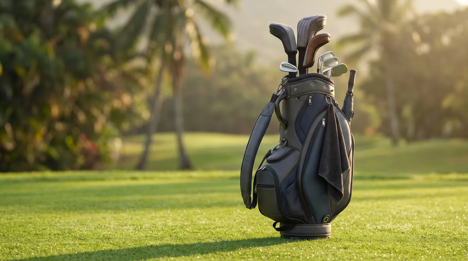 Golf bag and clubs on a Thai fairway